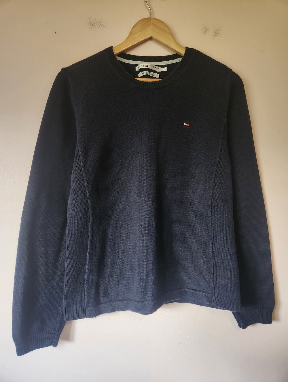 Vintage Y2K Tommy Hilfiger Navy Blue Ribbed Panel Cotton Knit Crewneck Sweater